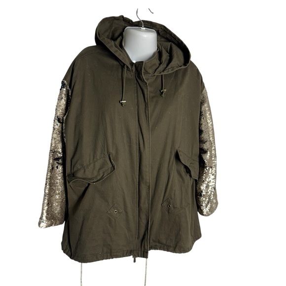 Zara Color-Changing Sequin Sleeve Parka Olive Green Utility Jacket Shiny Size S - Picture 6 of 15